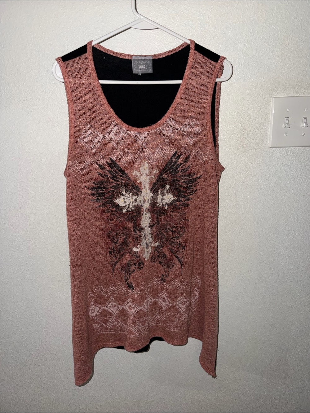 Vocal Dark Dusty Rose Graphic Winged Cross Longline Sweater Tank Top